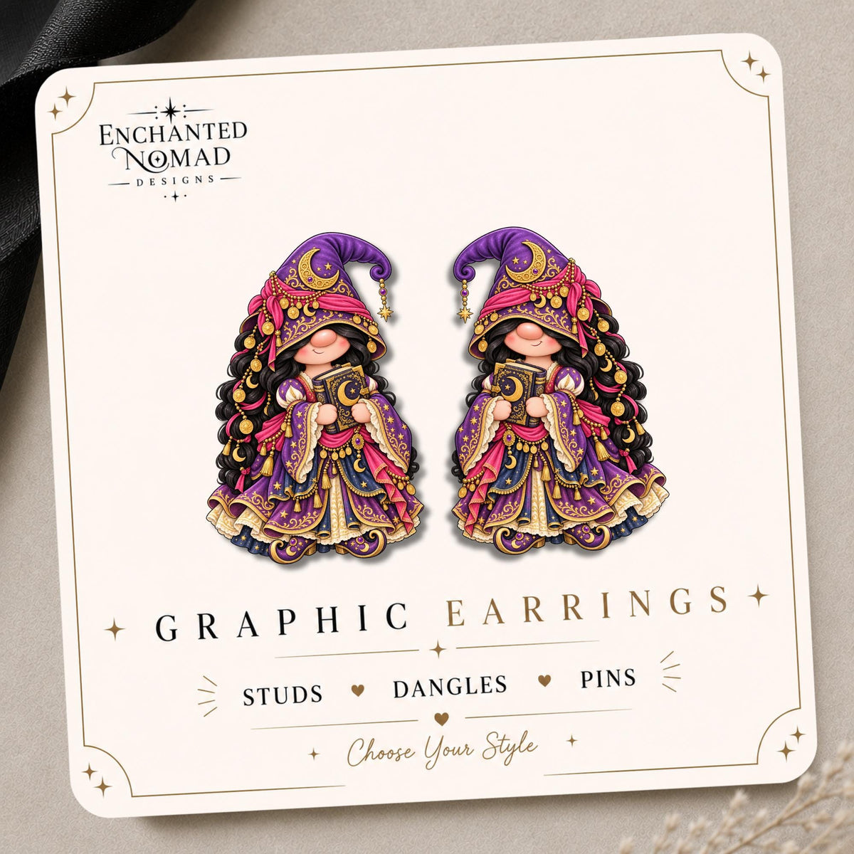 Celestial Bookish Gnome Earrings & Pins on original display card