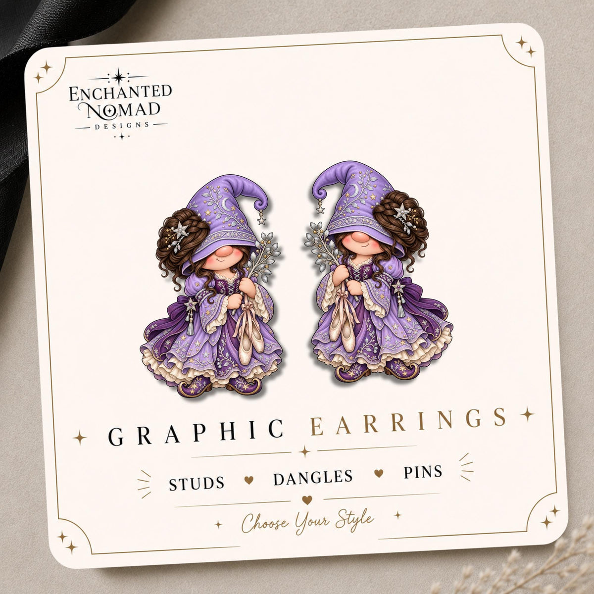 Purple Celestial Gnome Earrings & Pins on original display card