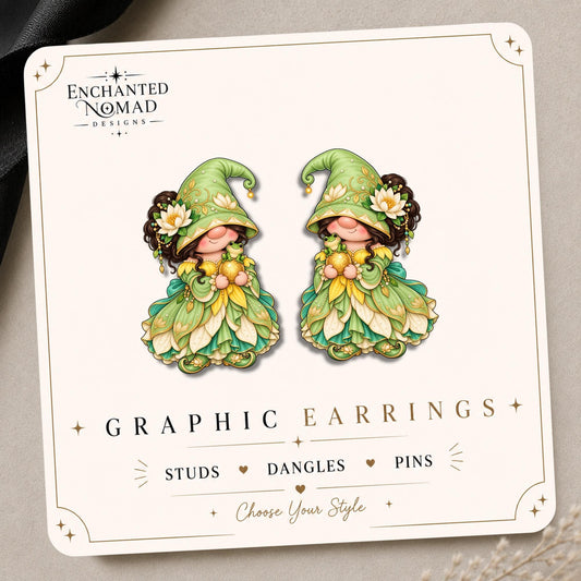 Frog and Lotus Gnome Earrings & Pins on original display card