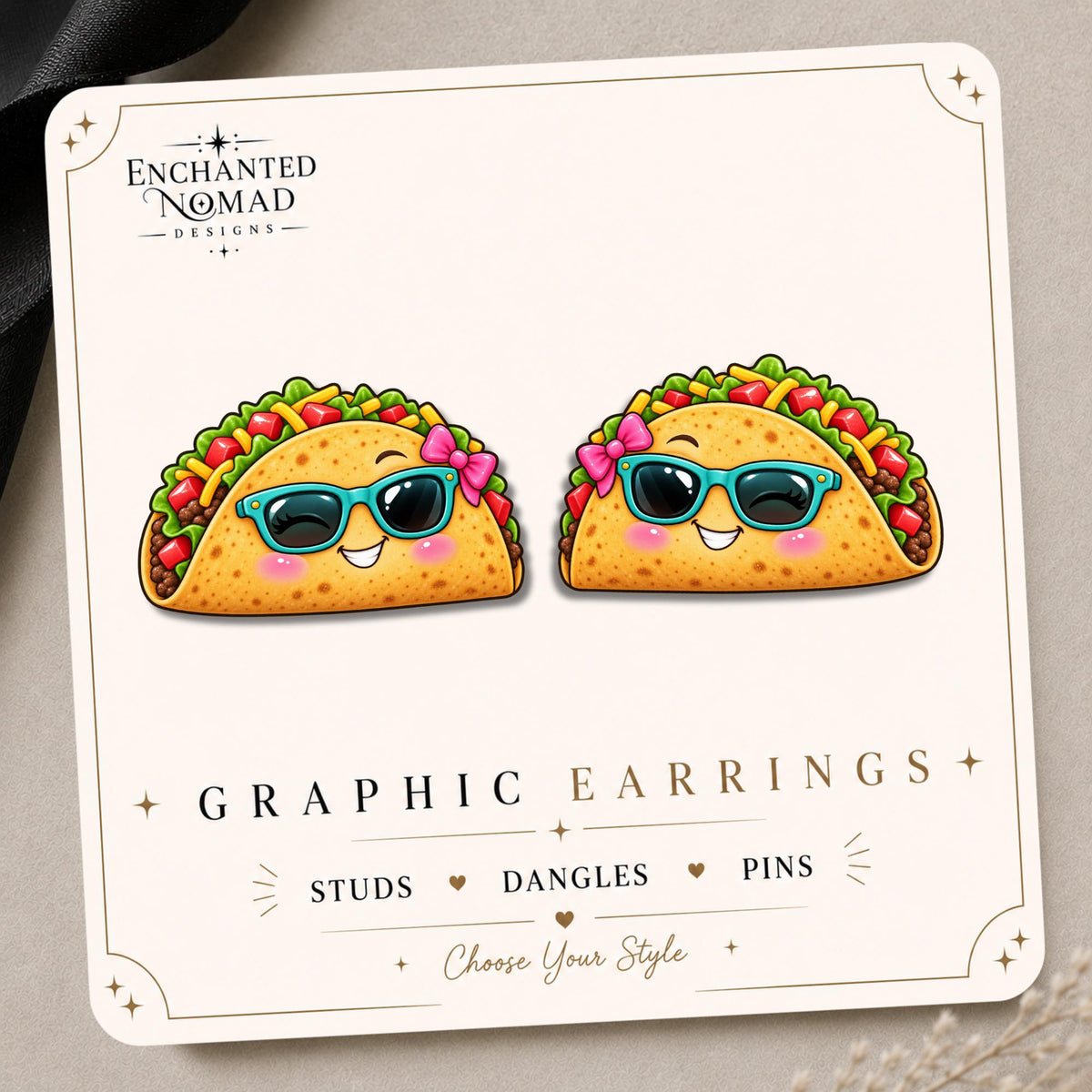 Sunglasses Taco Earrings & Pins on original display card