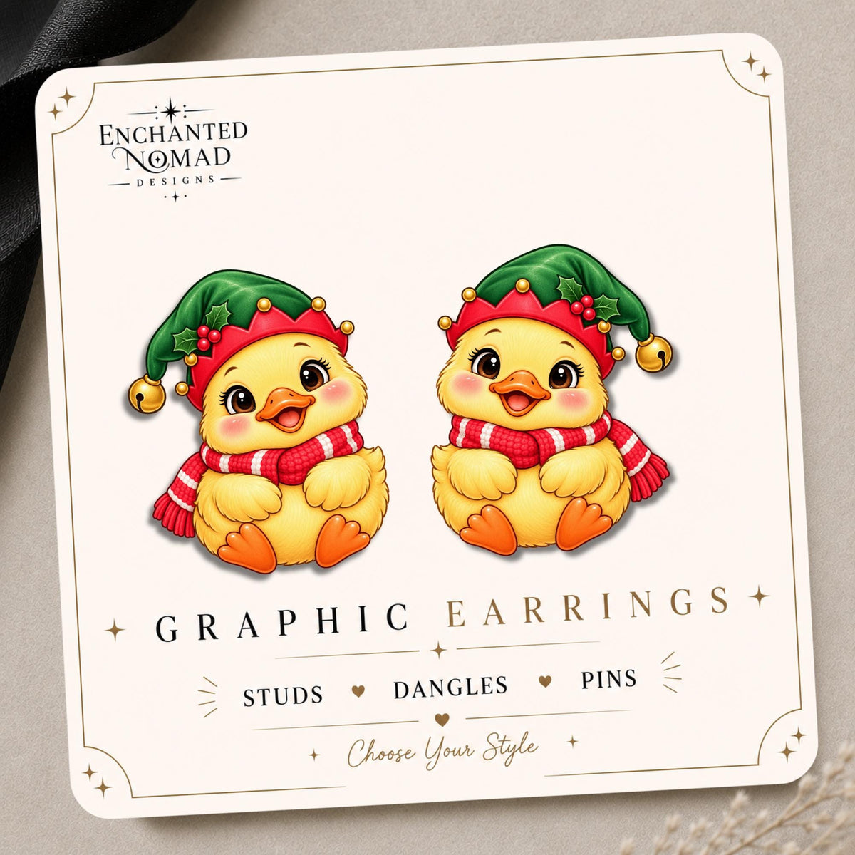 Christmas Duck Earrings & Pins on original display card