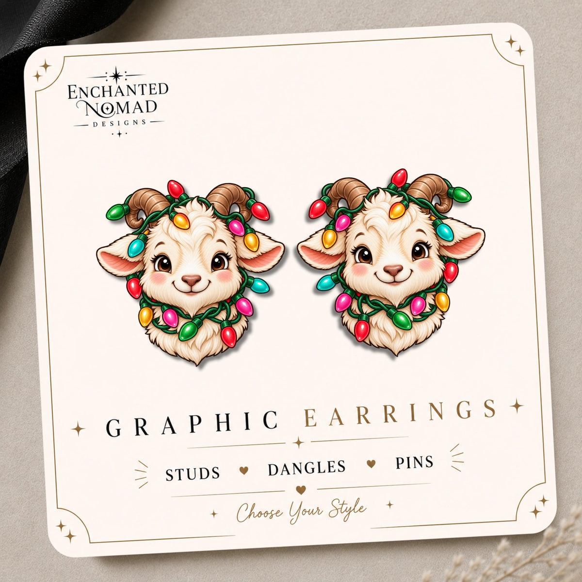Christmas Lights Goat Earrings & Pins on original display card
