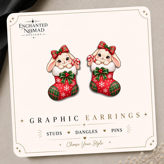Christmas Stocking Bunny Earrings & Pins on original display card