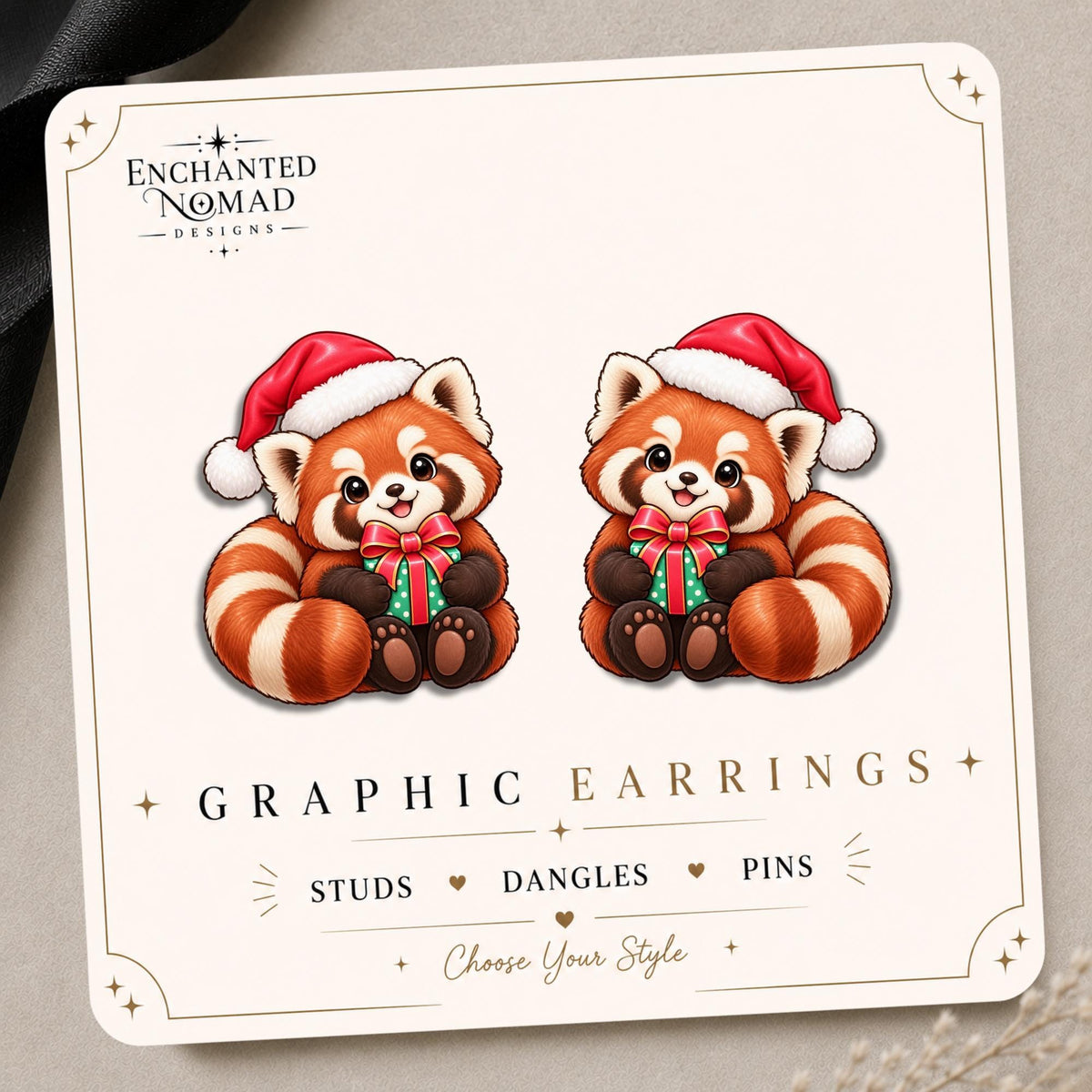 Santa Hat Red Panda Earrings & Pins on original display card