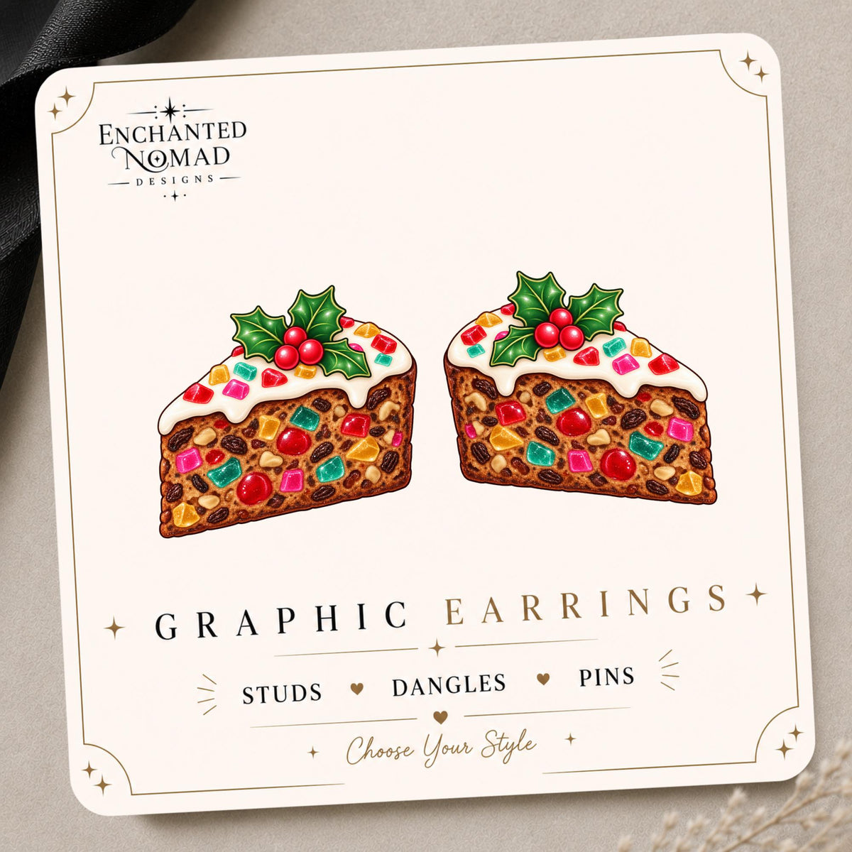 Christmas Fruitcake Earrings & Pins on original display card