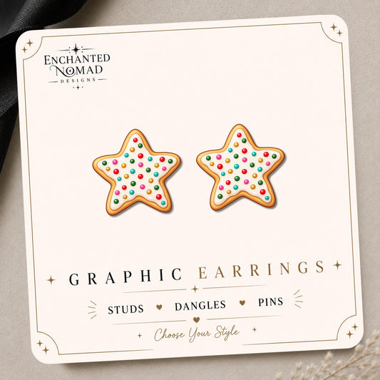 Christmas Star Cookie Earrings & Pins on original display card