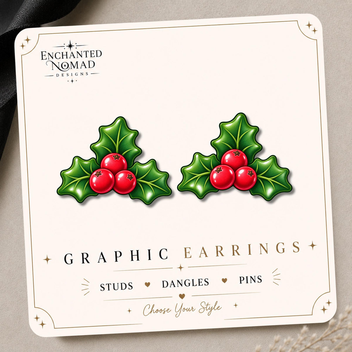 Holly Berry Earrings & Pins on original display card