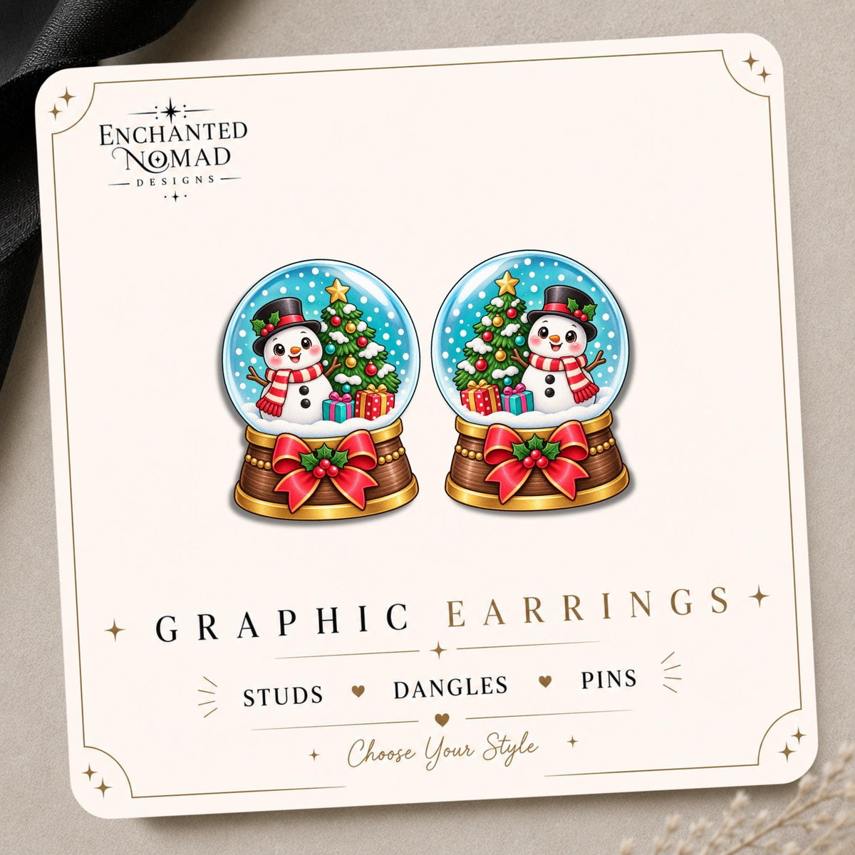Snowman Snow Globe Earrings & Pins on original display card