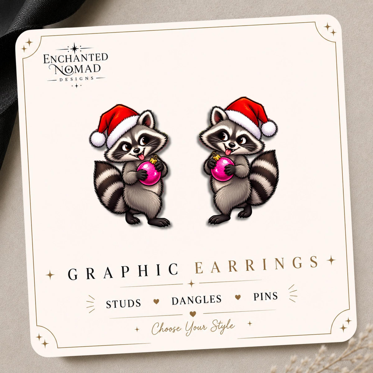 Santa Hat Raccoon Earrings & Pins on original display card