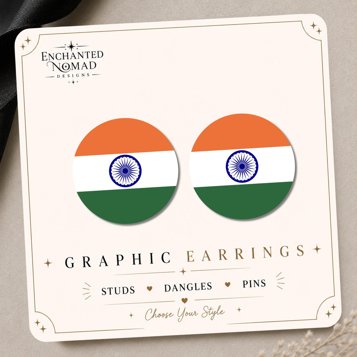 India Flag Earrings & Pins on original display card
