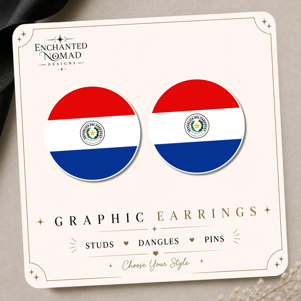 Paraguay Flag Earrings & Pins on original display card