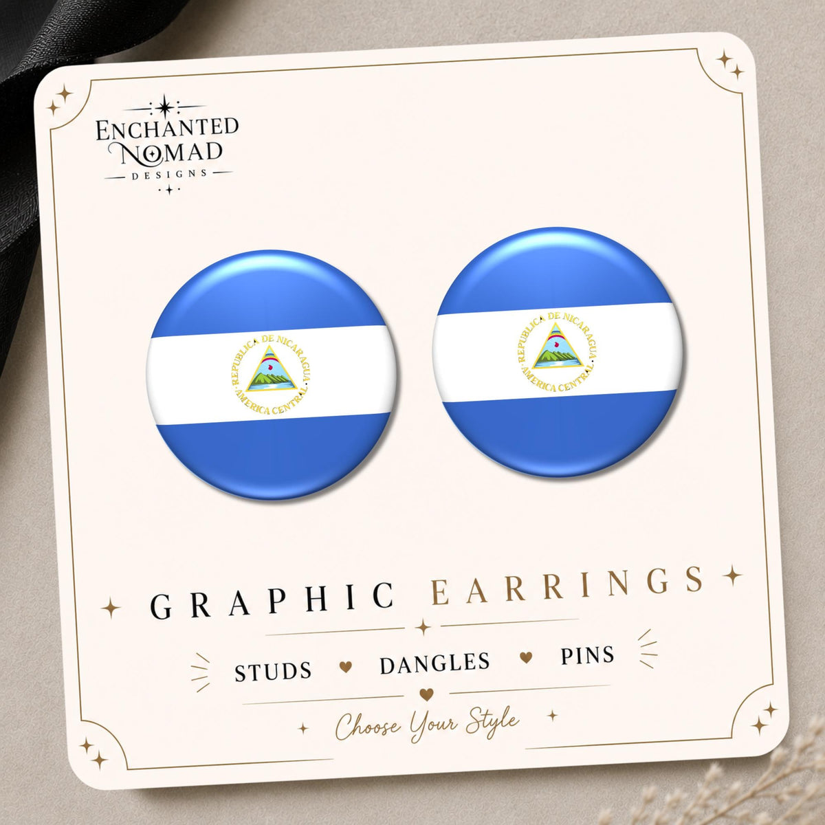 Nicaragua Flag Earrings & Pins on a display card