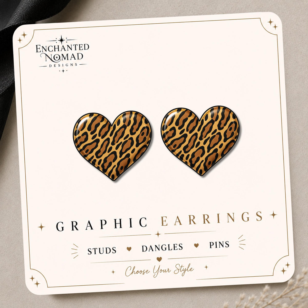 Golden Streak Leopard Heart Earrings & Pins on original display card