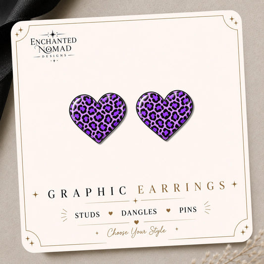 Purple Leopard Heart Earrings & Pins on original display card