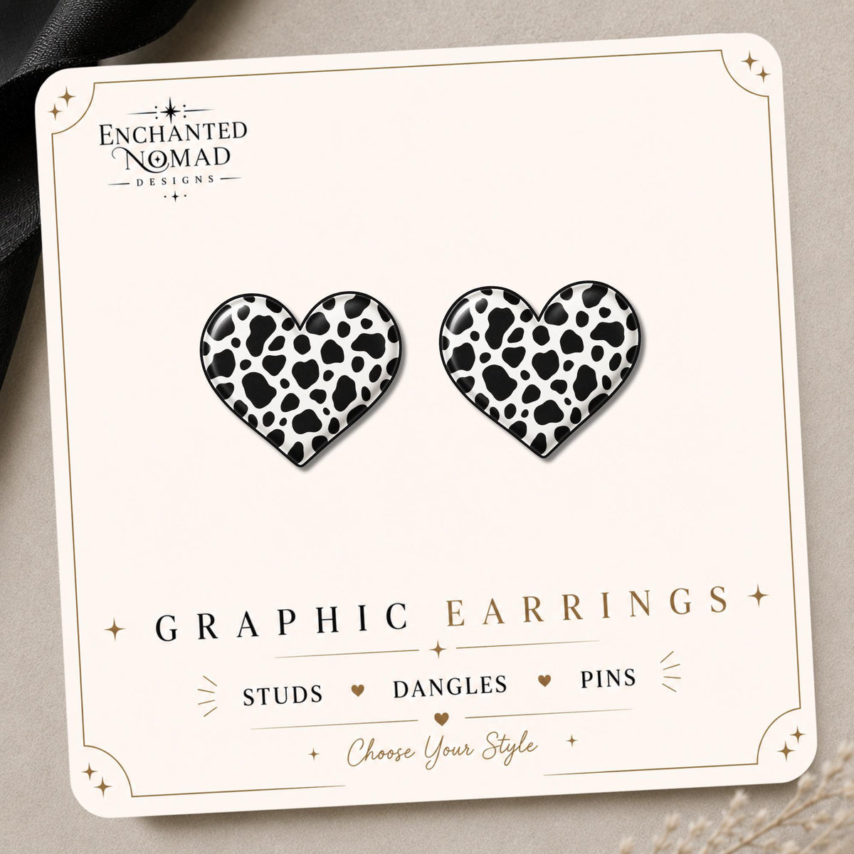 Black White Dalmatian Print Heart Earrings & Pins on original display card