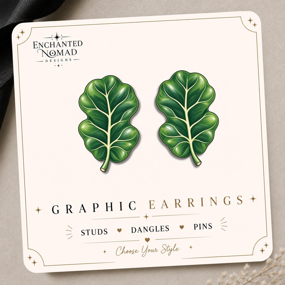 Green Fiddle Leaf Fig Earrings & Pins on original display card