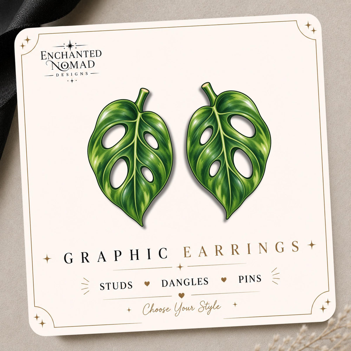 Monstera Adansonii Leaf Earrings & Pins on original display card