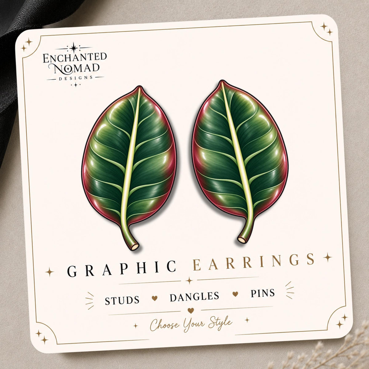 Rubber Plant Leaf Earrings & Pins on original display card