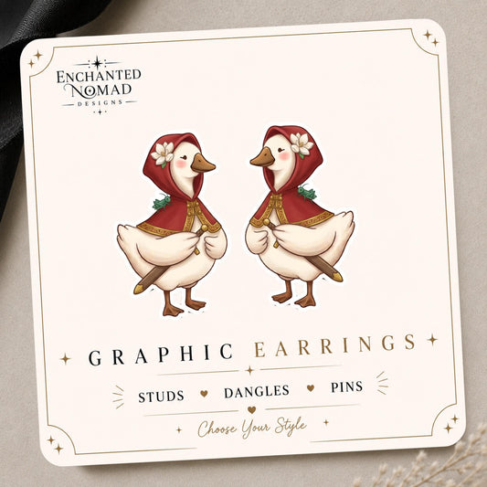 Hooded Storybook Goose Earrings & Pins on original display card
