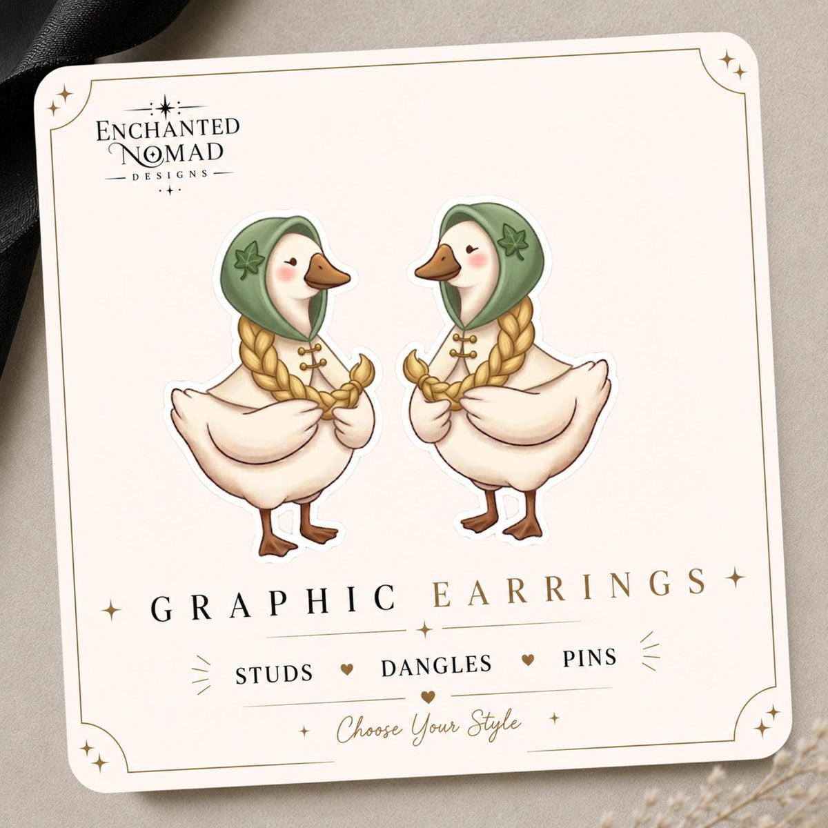 Braided Hooded Goose Earrings & Pins on original display card