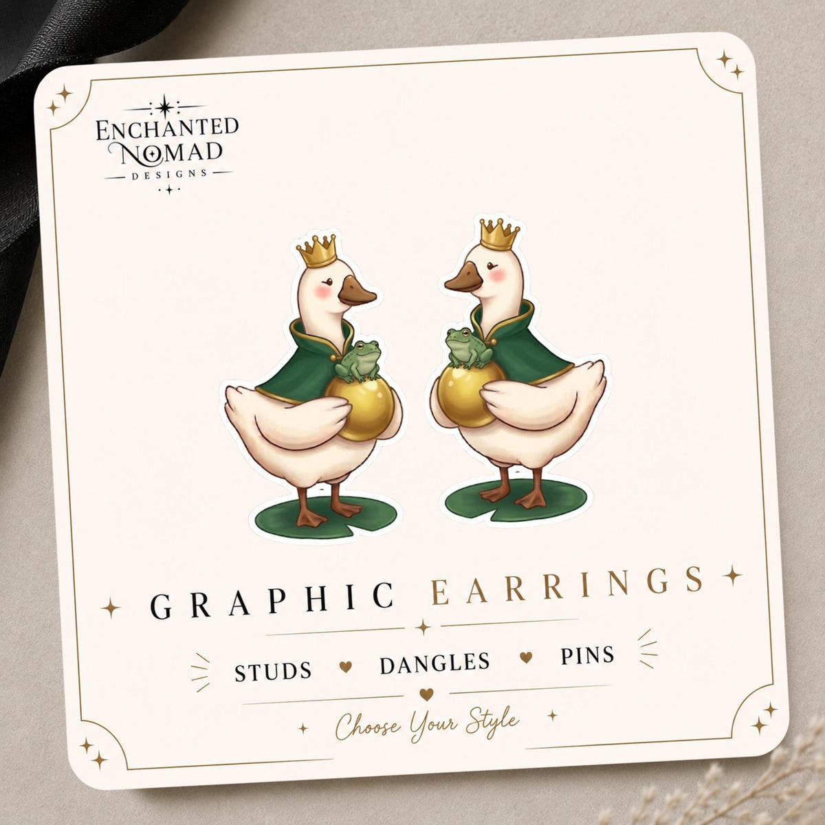 Princess Frog Goose Earrings & Pins on original display card