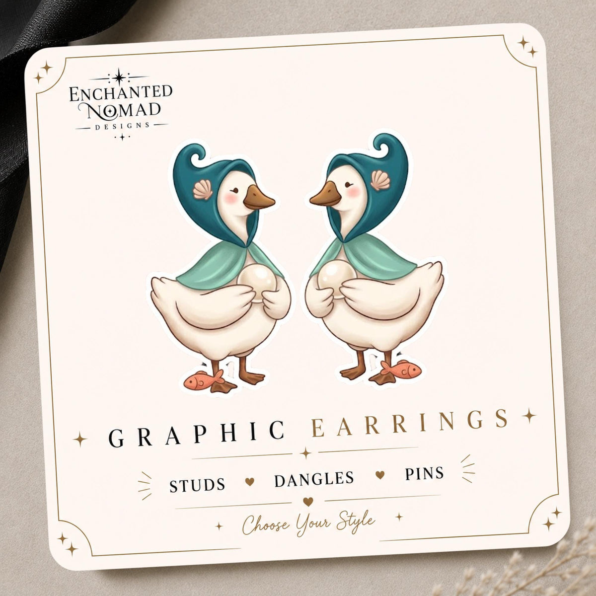 Mermaid Goose Earrings & Pins on original display card