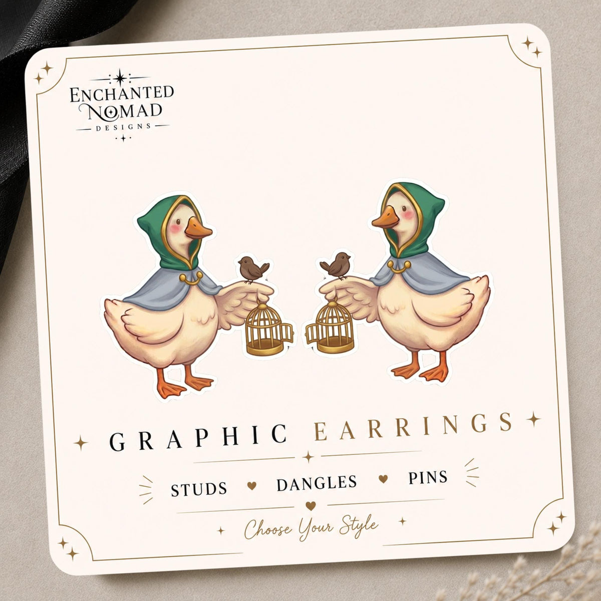 Caged Bird Fairytale Goose Earrings & Pins on original display card