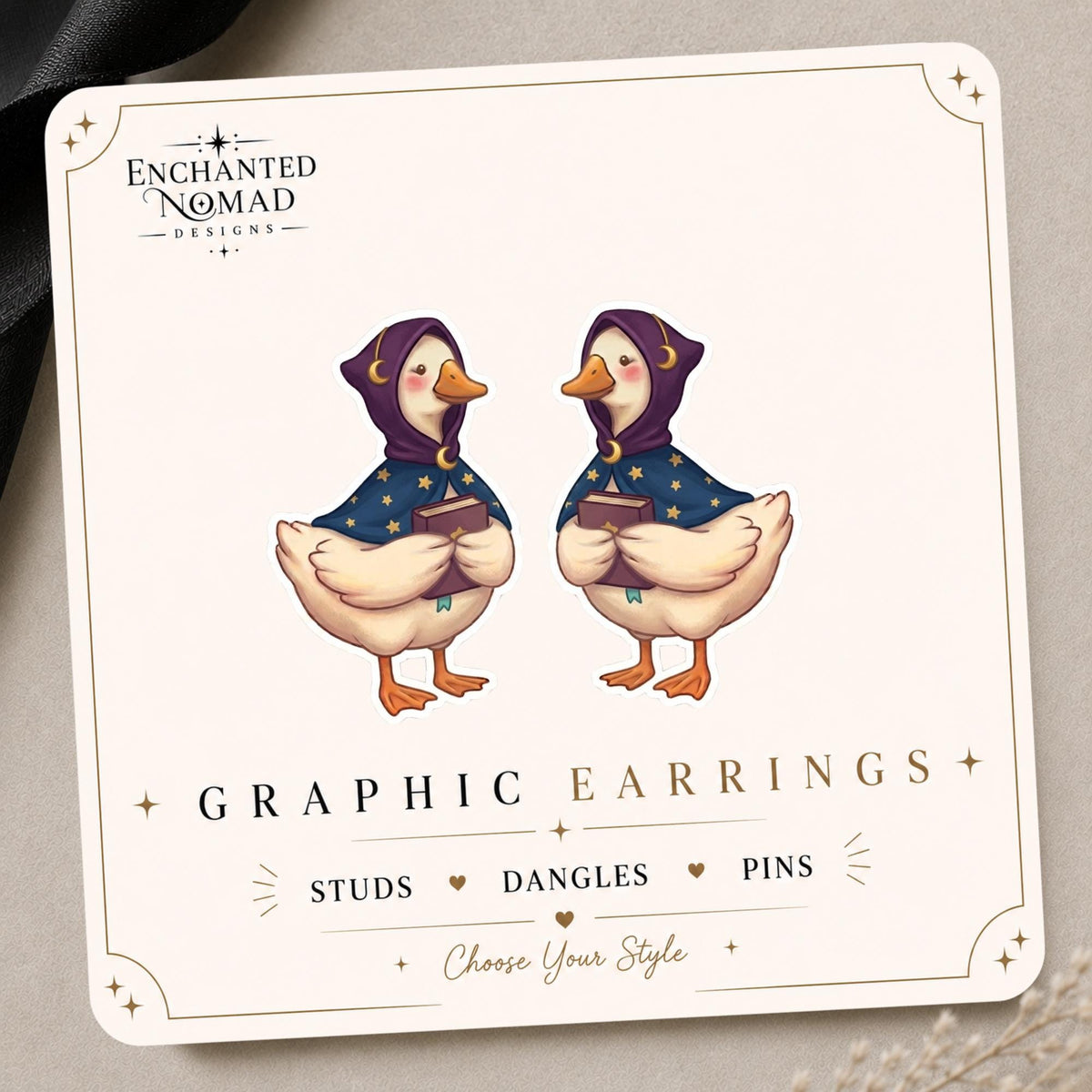 Celestial Bookish Goose Earrings & Pins on original display card