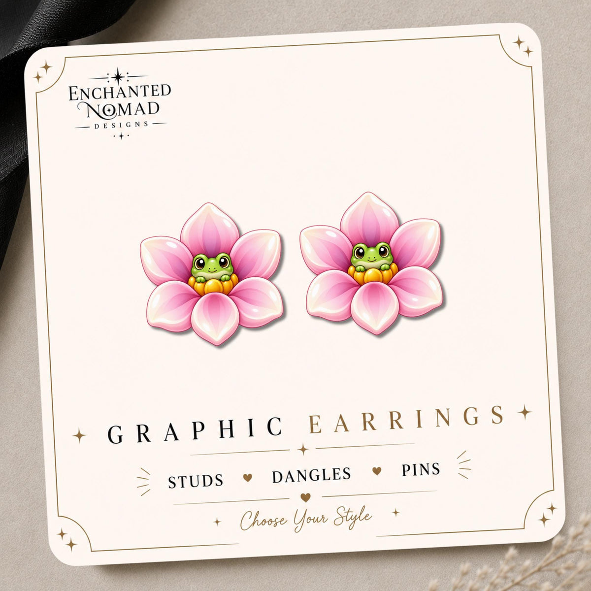 Pink Flower Frog Earrings & Pins on a display card