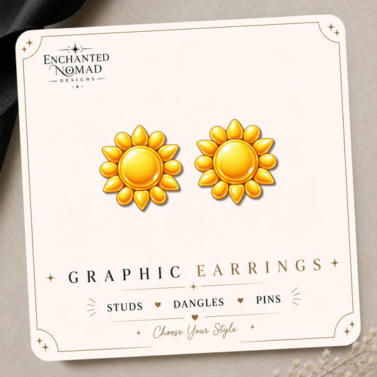 Golden Sun Earrings & Pins on a display card
