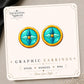 Teal Compass Earrings & Pins on a display card