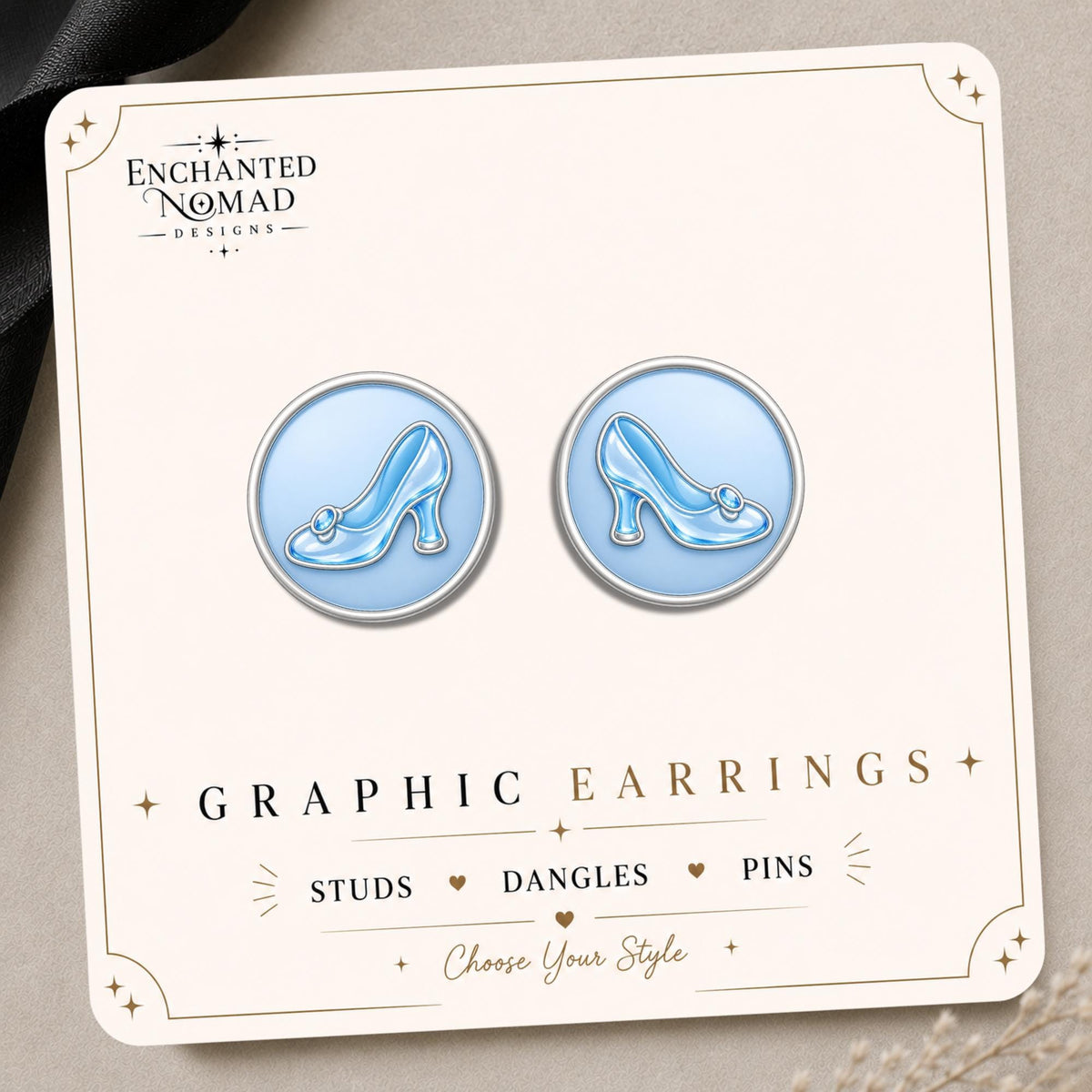 Glass Slipper Earrings & Pins on a display card