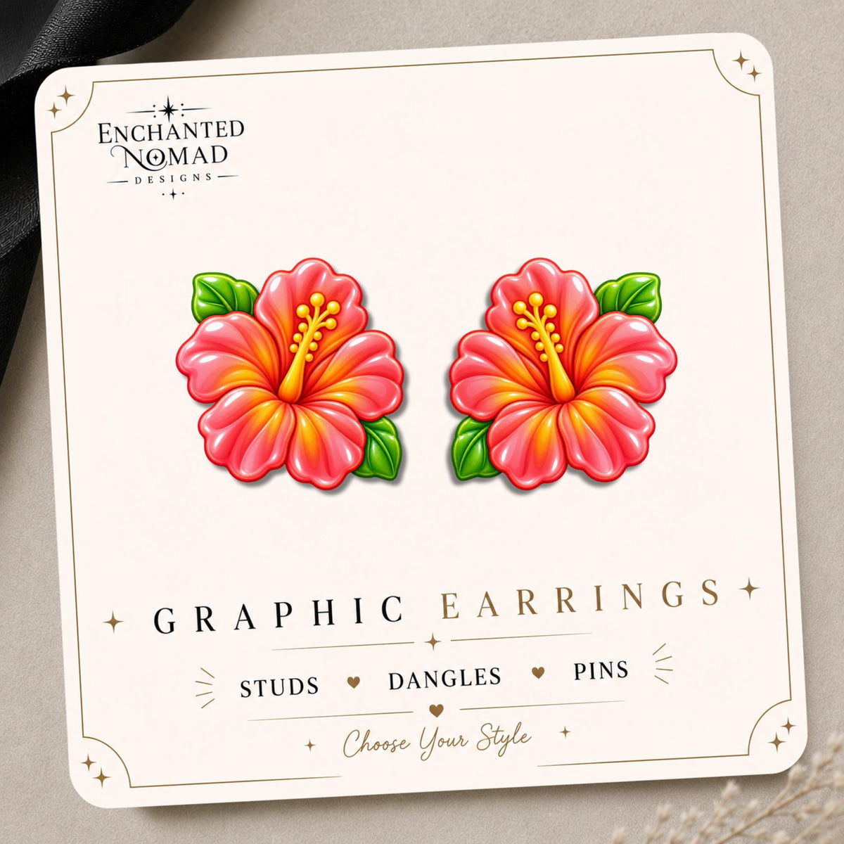 Hibiscus Flower Earrings & Pins on a display card