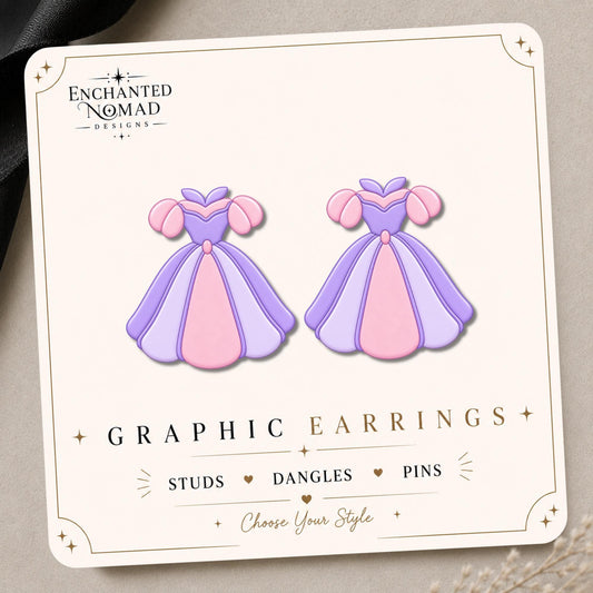 Purple Pink Princess Dress Earrings & Pins on a display card