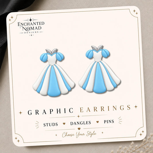 Blue White Princess Dress Earrings & Pins on a display card
