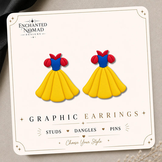 Red Blue Yellow Princess Dress Earrings & Pins on a display card