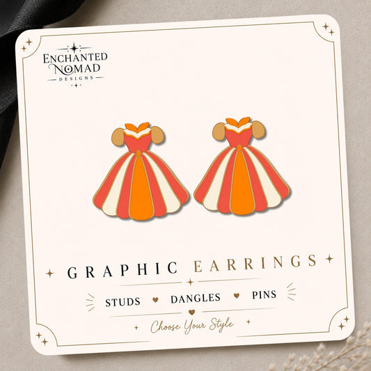 Orange Red Princess Dress Earrings & Pins on a display card