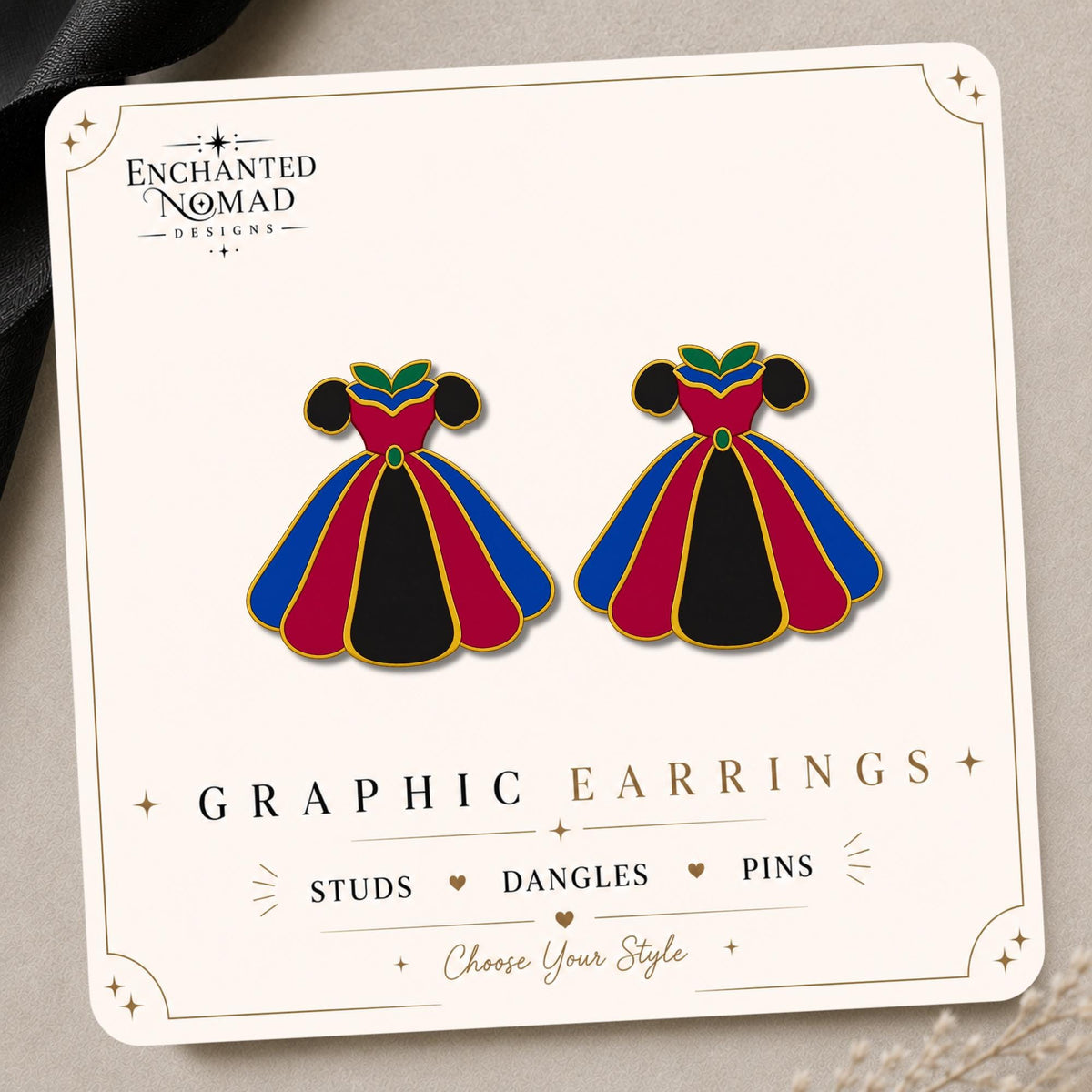 Jewel Tone Princess Dress Earrings & Pins on a display card