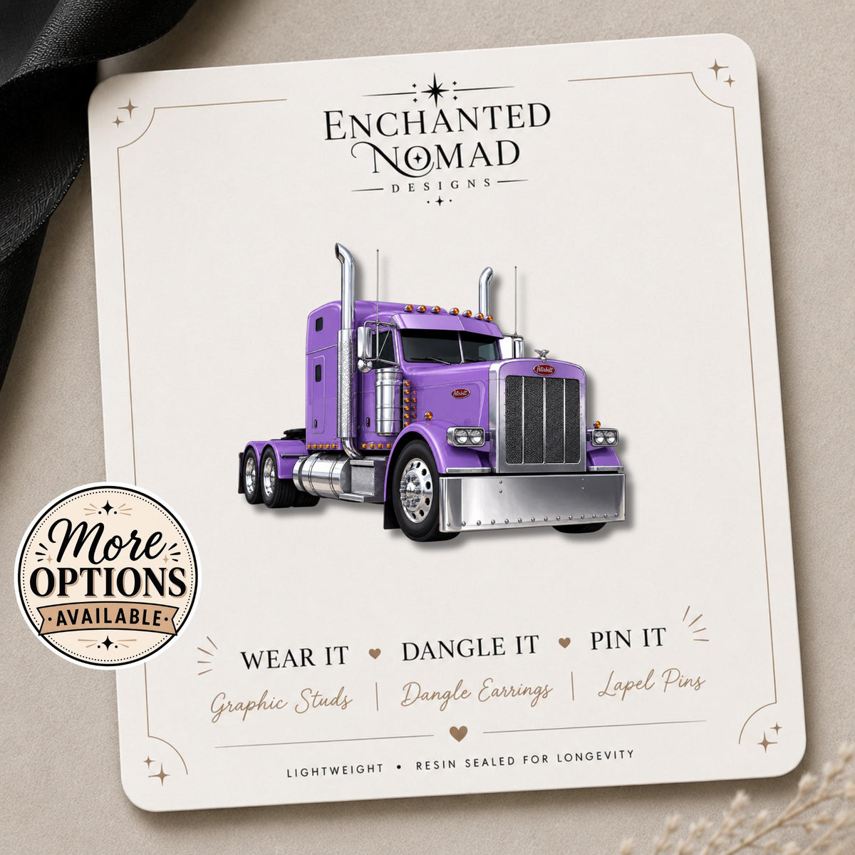 Semi Truck Earrings & Pins on branded display card