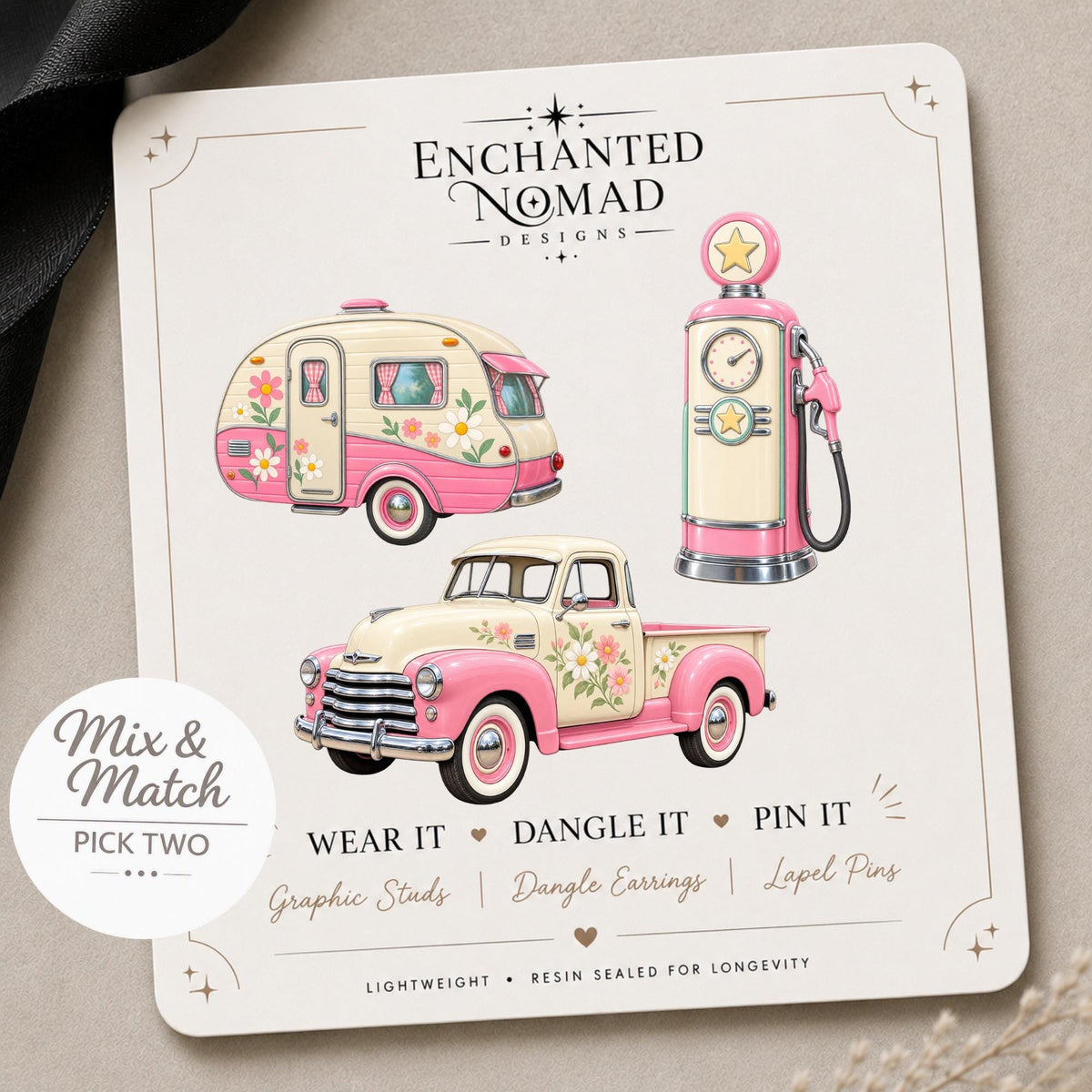 Pink Retro Camping Earrings on original tilted display card