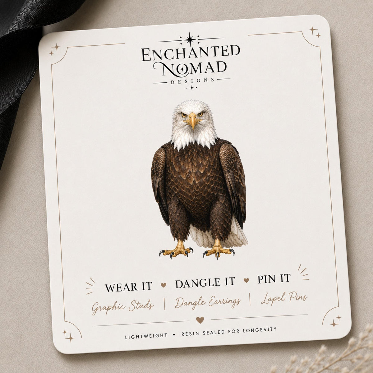 Bald Eagle Wildlife Earrings & Pins on display card