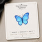 Blue Butterfly Earrings & Pins on a branded display card