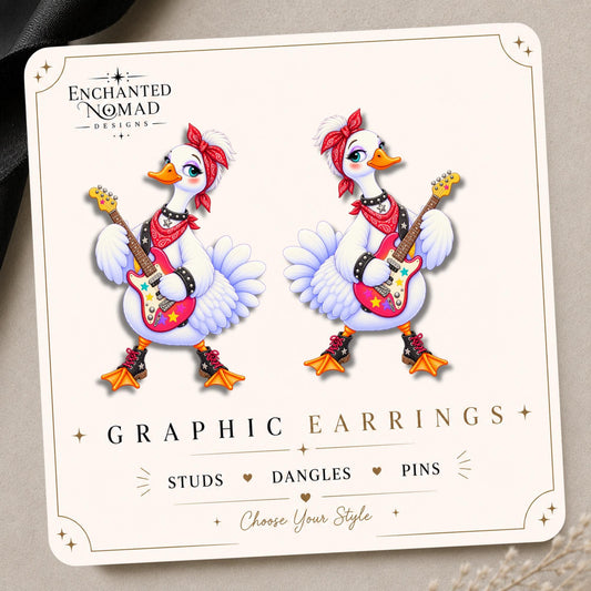 Rock Star Goose Earrings and Pins on a branded display card