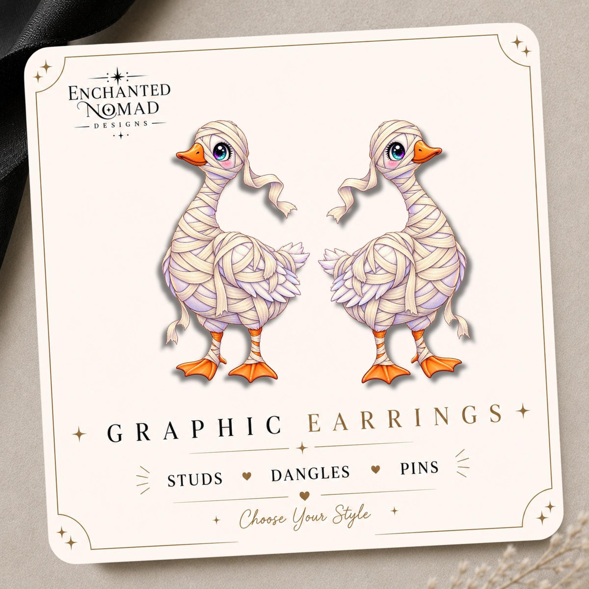 Mummy Goose Earrings & Pins on original display card
