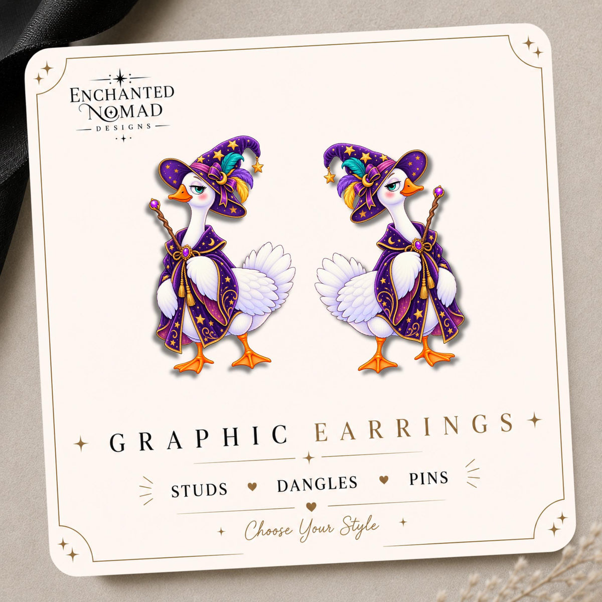 Wizard Goose Earrings & Pins on original display card