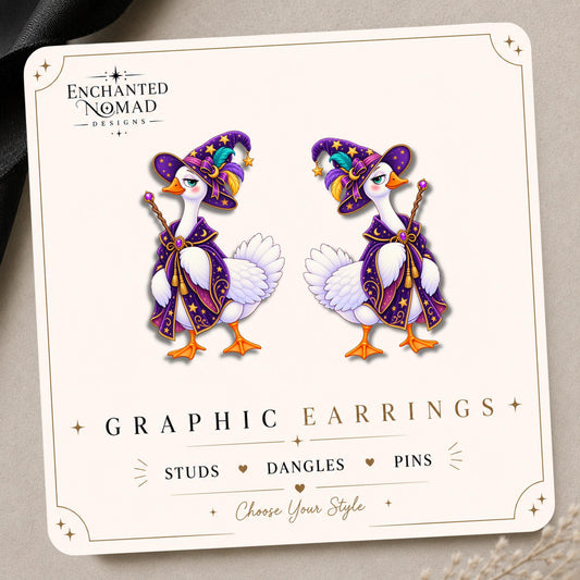 Wizard Goose Earrings & Pins on original display card
