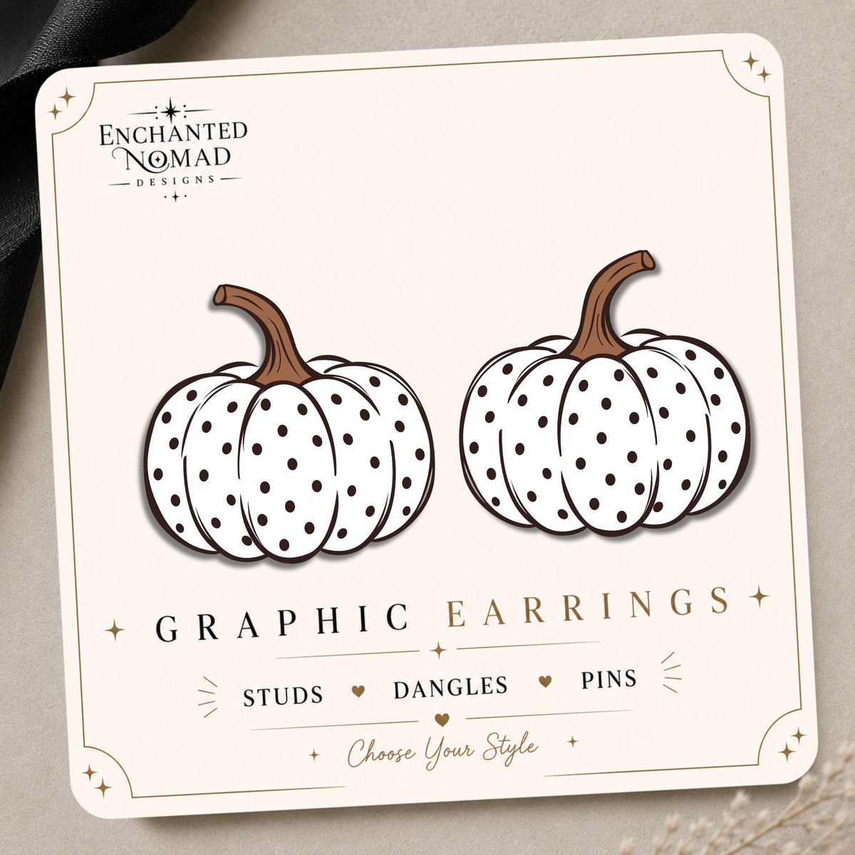 White Polka Dot Pumpkin Earrings & Pins on original display card