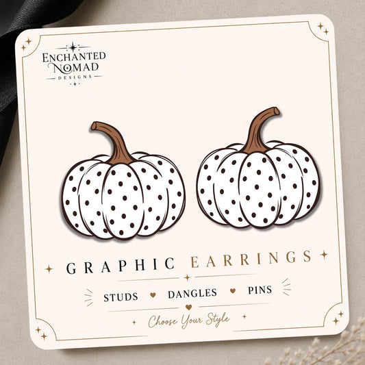 White Polka Dot Pumpkin Earrings & Pins on original display card