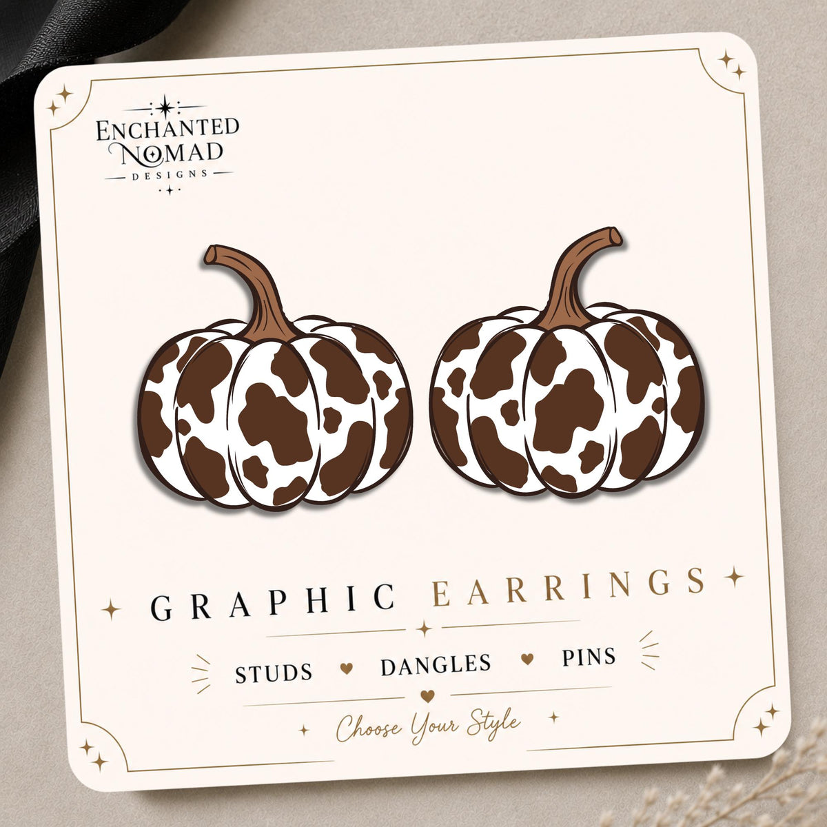 Cow Print Pumpkin Earrings & Pins on original display card