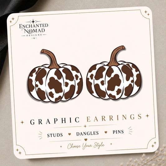 Cow Print Pumpkin Earrings & Pins on original display card